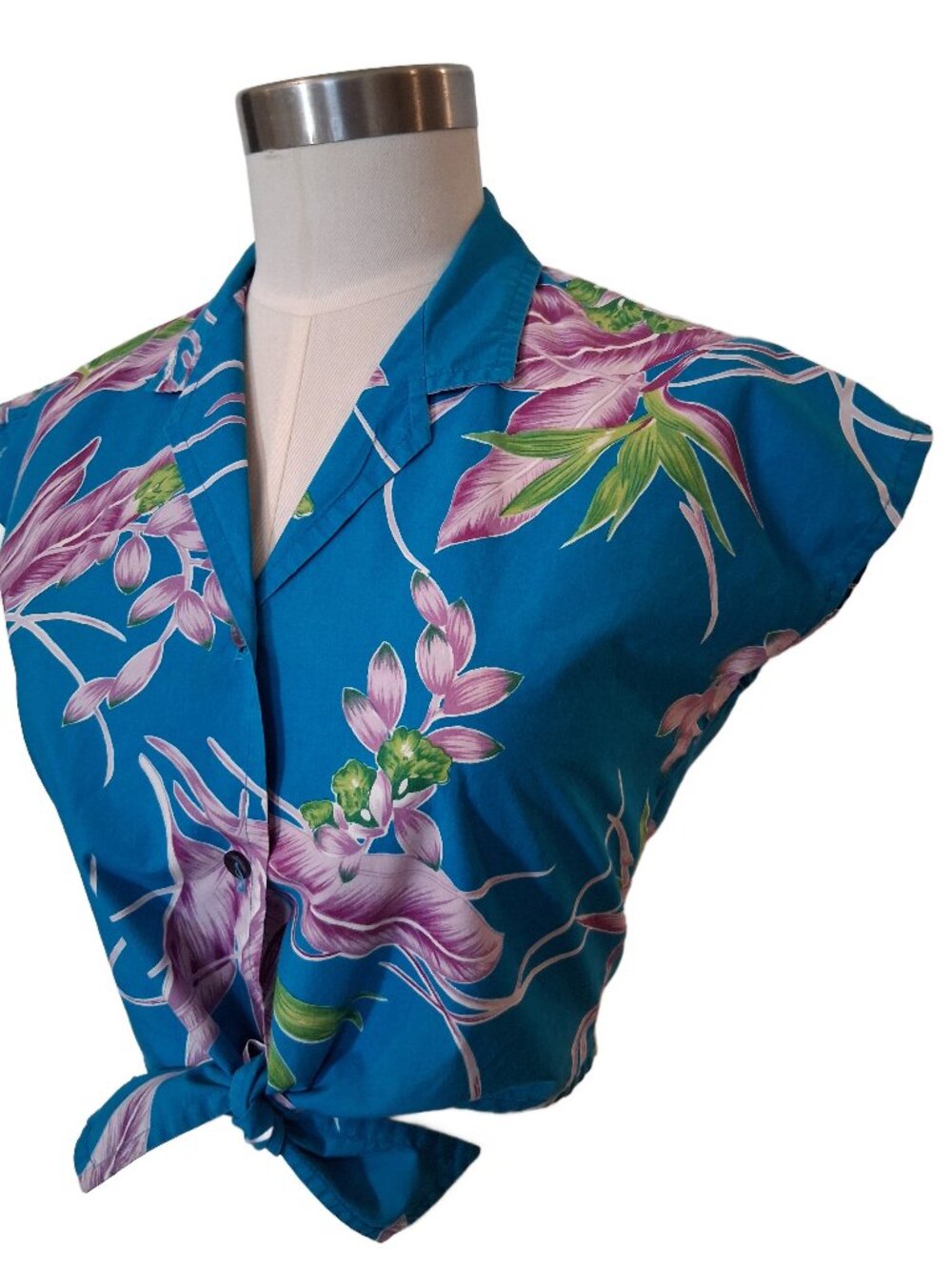 Vintage Hilo Hattie's Hawaii Tropical Blue Floral Tie Front Crop Top Small